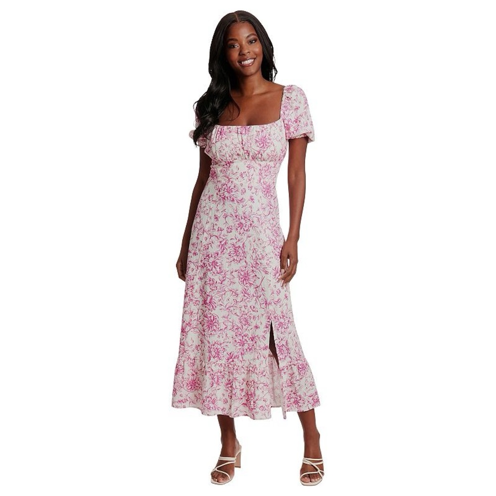 London Times Floral linen Square Neck Puff Sleeve Empire Waist MIDI Dress